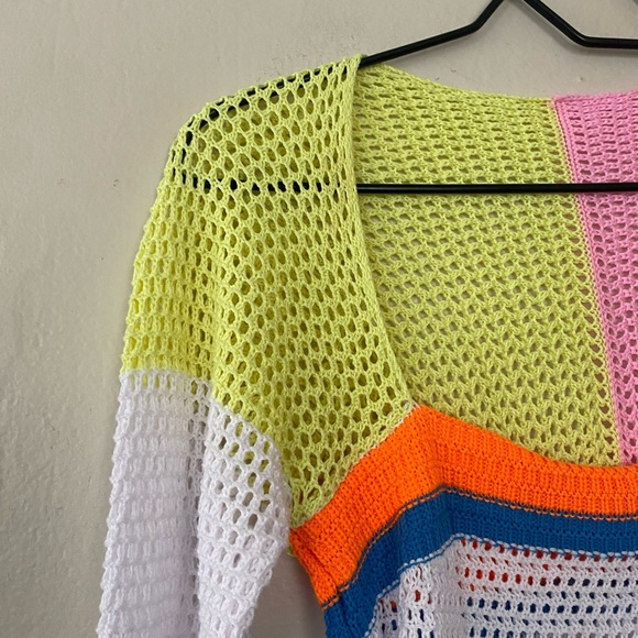 Crochet Colorblock Y2K Cropped Open Knit Sweater Bright Vibrant Top Size Large - Picture 5 of 11